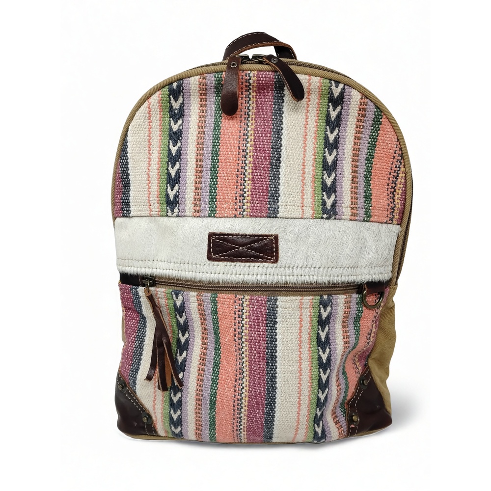 Myra Bag Cowhide Canvas Leather Backpack Purse Upcycled Western Boho Chic